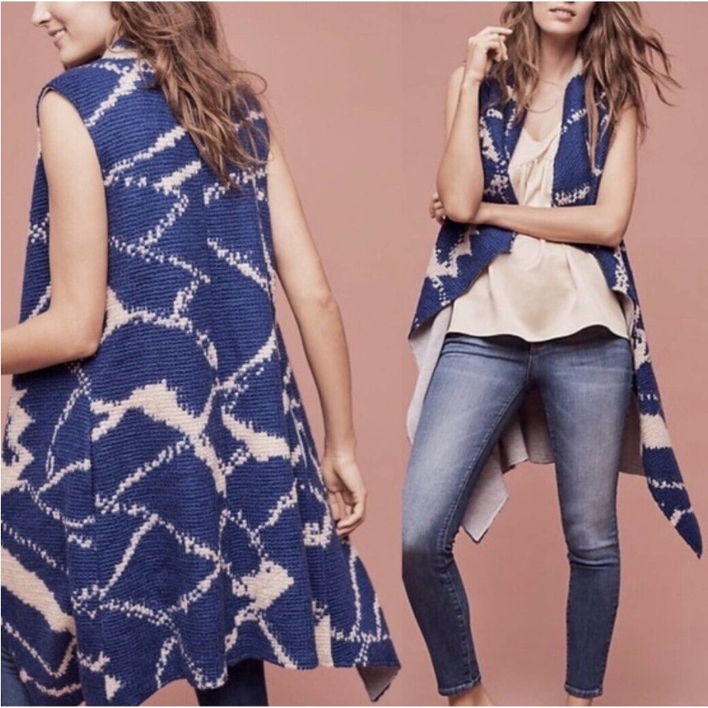 Anthropologie Tabitha Marima Lined Blue Cream Cardigan Women Size L Wool Vest